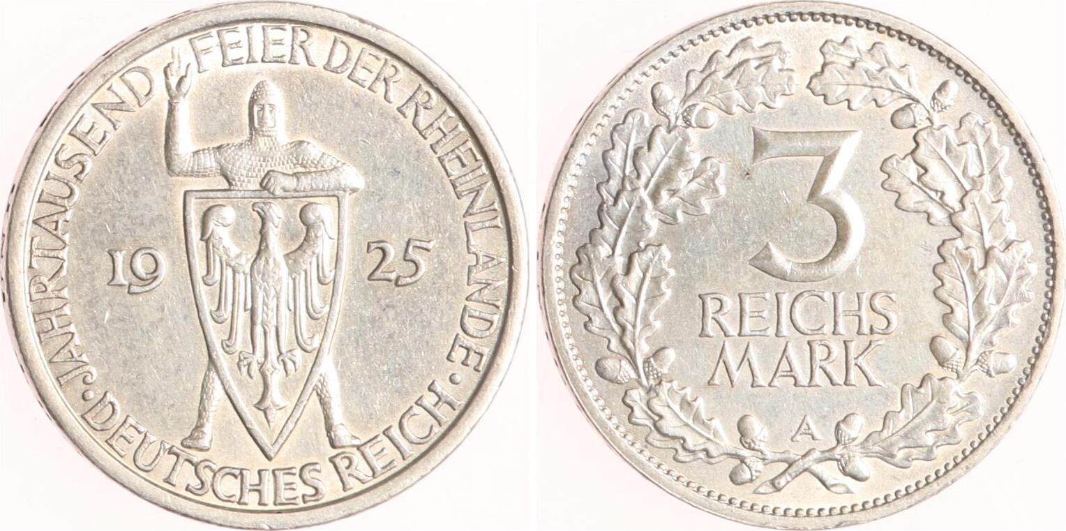 Weimarer Republik 3 Reichsmark 1925 A Rheinlande Sehr schön