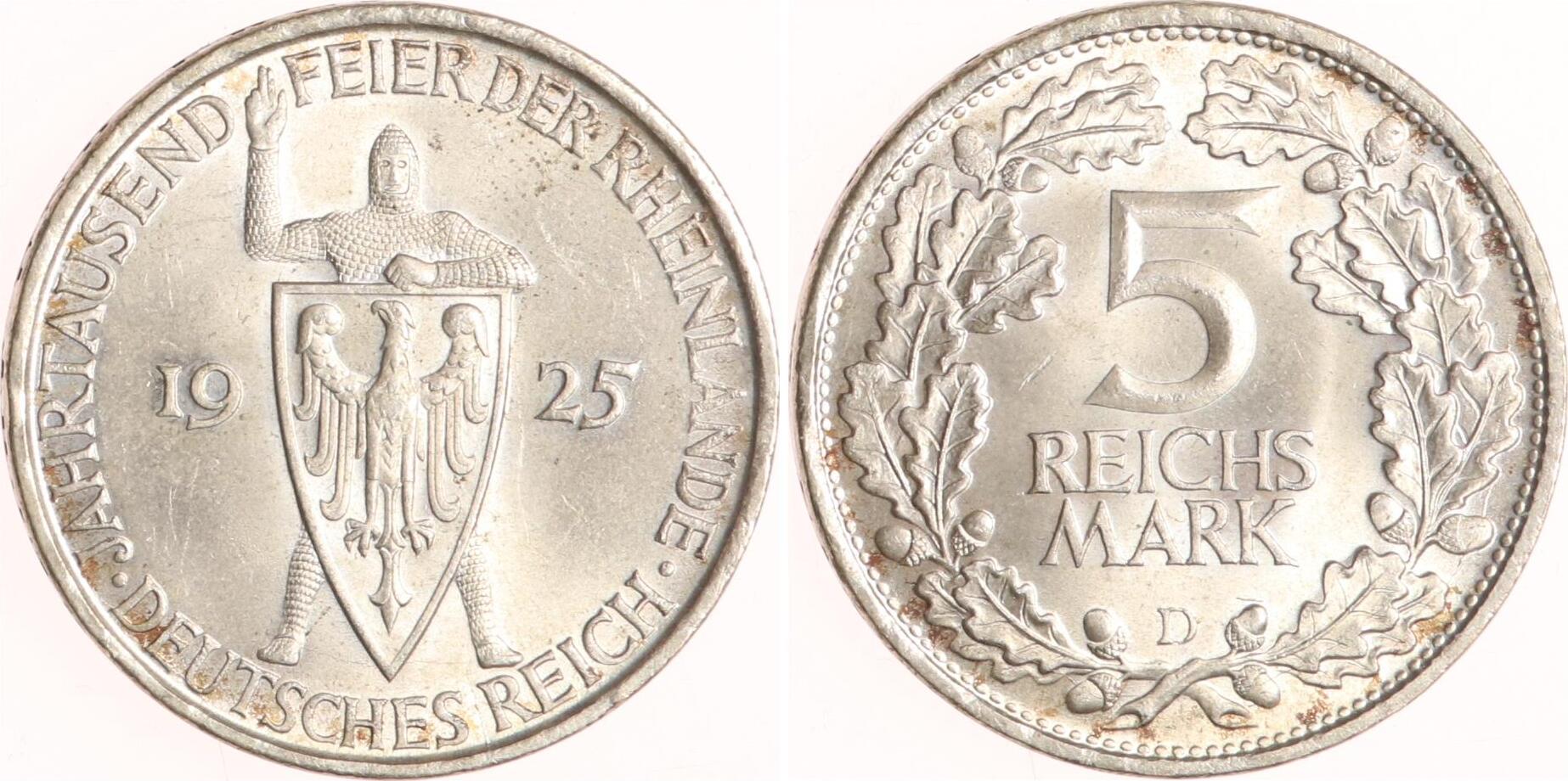 Weimarer Republik 5 Reichsmark 1925 D Rheinlande Vorzüglich