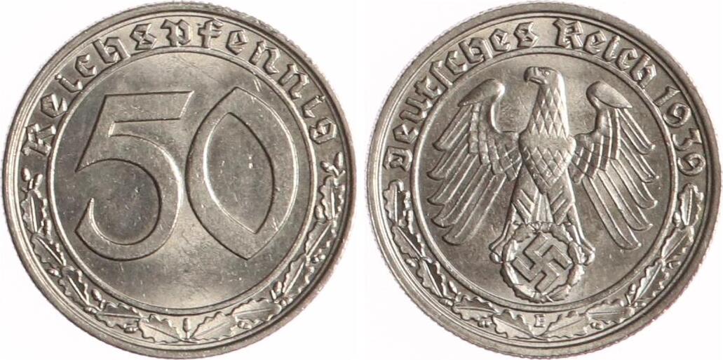 Drittes Reich 50 Reichspfennig 1939 E Kursmünze Vorzüglich MA Shops