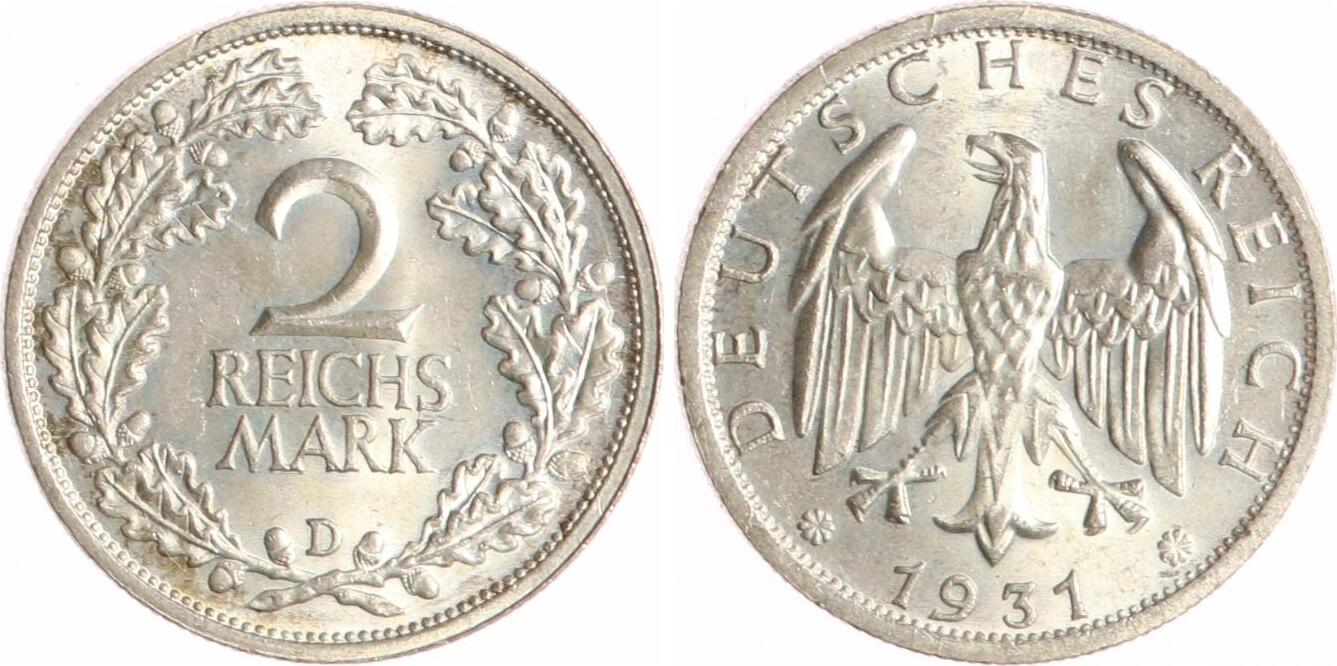 Weimarer Republik 2 Reichsmark 1931 D Fast Stempelglanz Winz