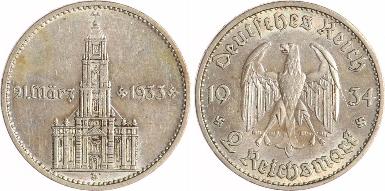 Drittes Reich 2 Reichsmark 1934 D Garnisonkirche mit Datum Sehr schön