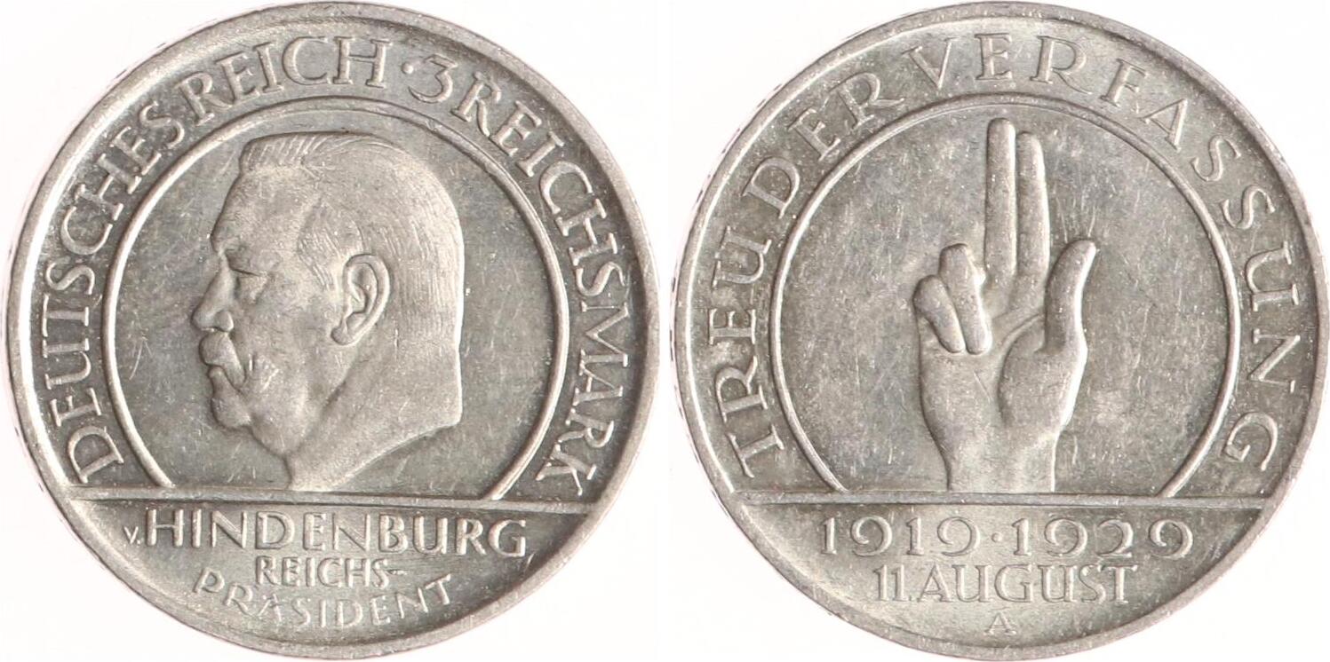 Weimarer Republik 3 Reichsmark 1929 A Verfassung Vorzüglich MA Shops