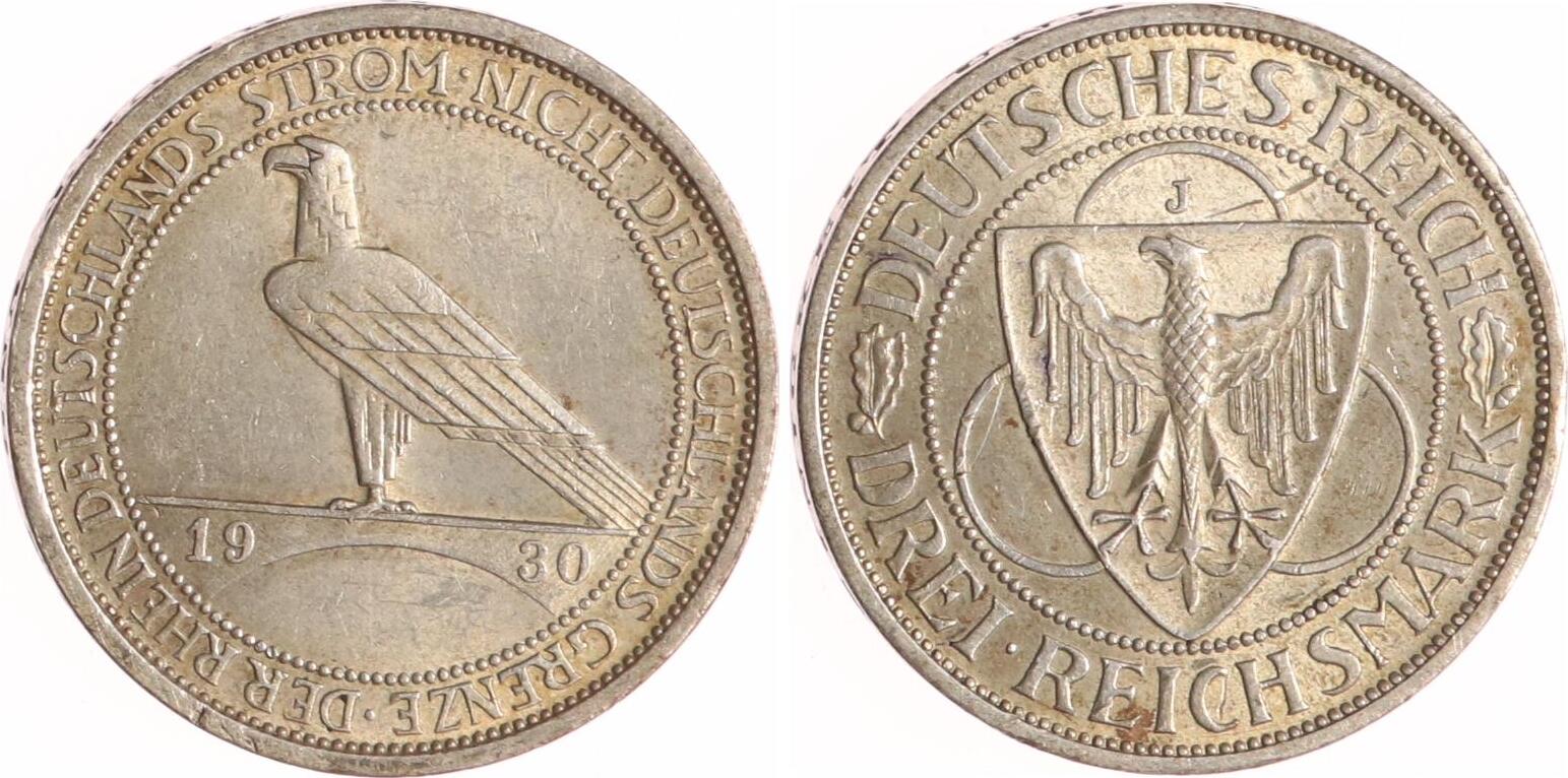 Weimarer Republik 3 Reichsmark 1930 J Rheinlandräumung Sehr schön