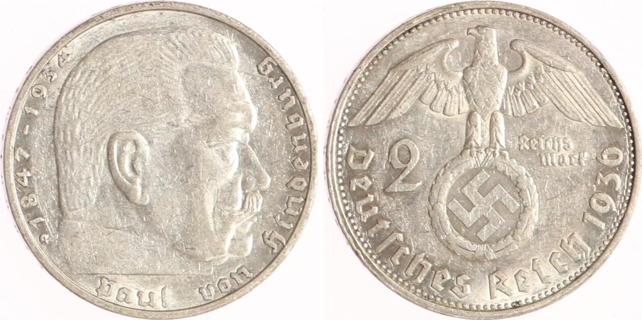 Drittes Reich 2 Reichsmark 1936 G Paul Von Hindenburg Mit Hakenkreuz