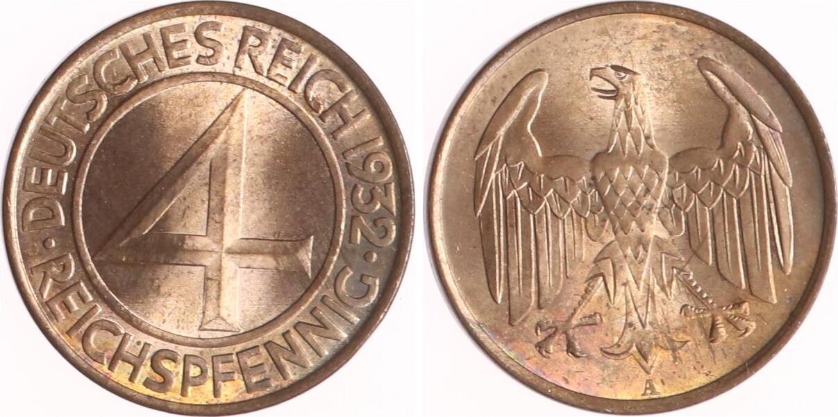 Weimarer Republik 4 Reichspfennig 1932 A Fast Stempelglanz MA Shops