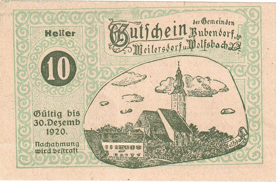 Sterreich Heller Geldschein Bubendorf Eglise Unz Mehl Fs