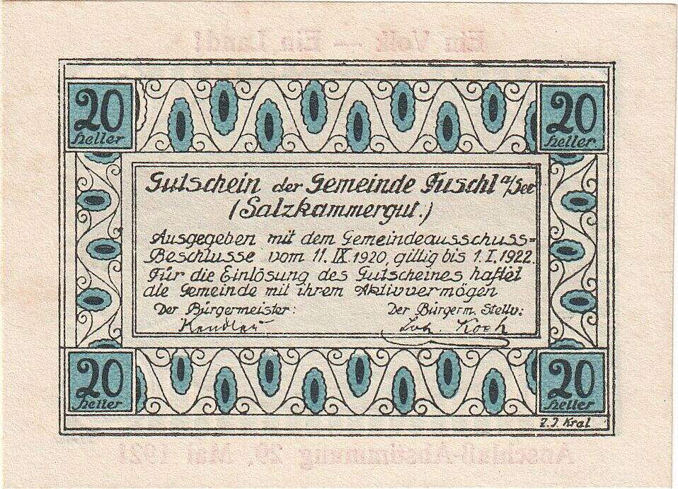 Österreich 20 Heller 1922 Geldschein Fuschl paysage 1922 01 01 UNZ