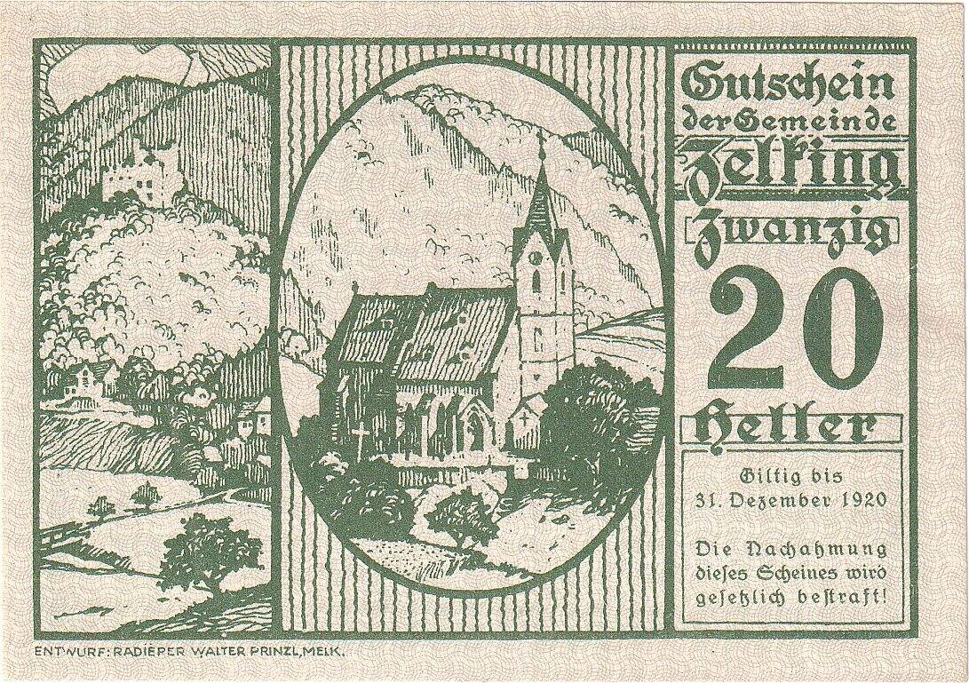 Sterreich Heller Geldschein Zelking Eglise Unz