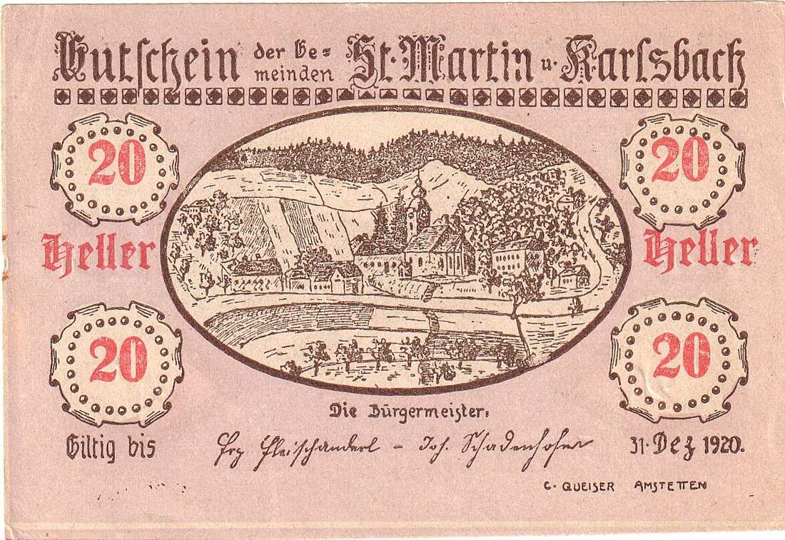 Österreich 20 Heller Geldschein St Martin paysage 1920 UNZ Mehl FS