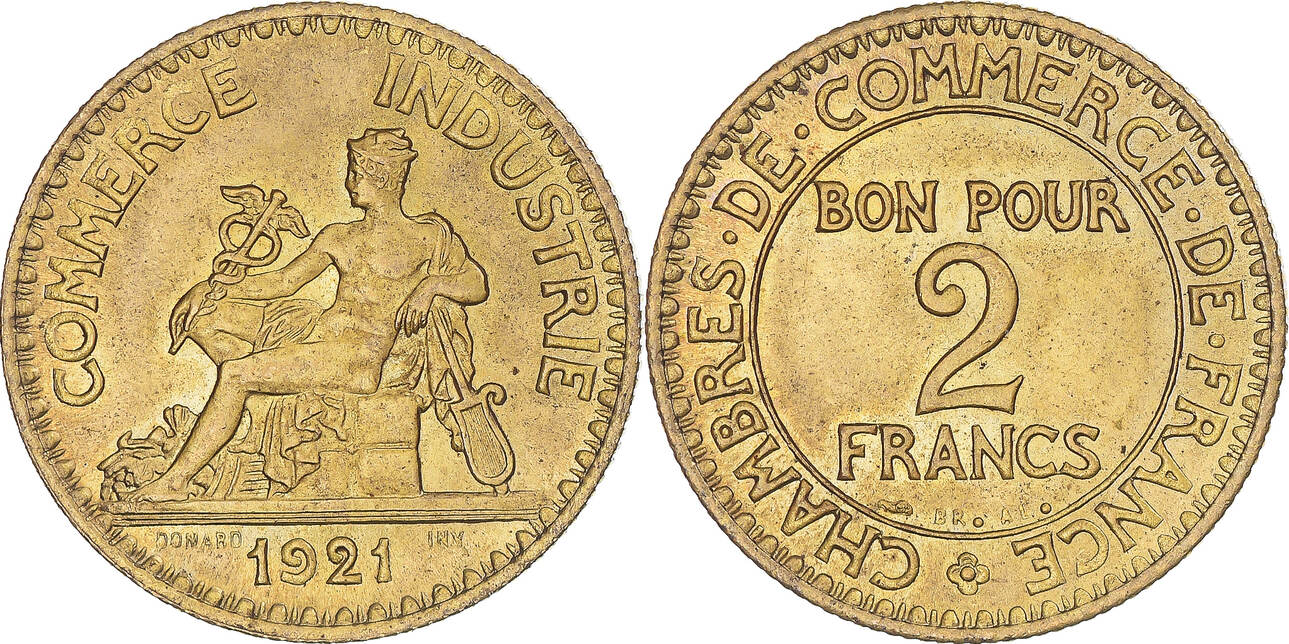 Frankreich 2 Francs 1921 Paris Münze Chambre de commerce Paris VZ