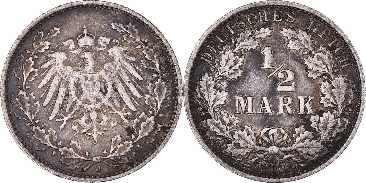 GERMANY EMPIRE 1 2 Mark 1909 D Münze Munich SS Silber KM 17 MA