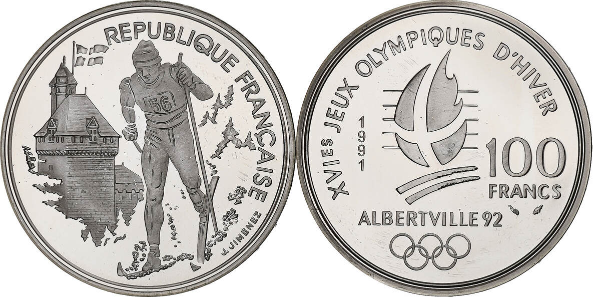 Frankreich 100 Francs 1991 Münze Albertville 1992 ski de fond STGL