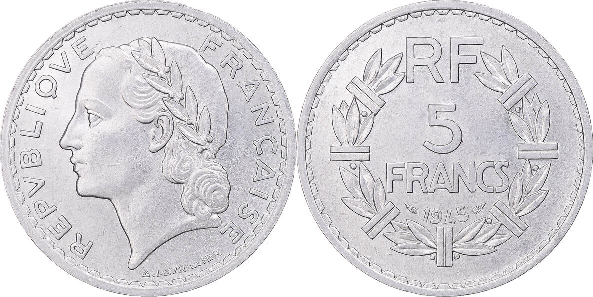 Frankreich 5 Francs 1945 Paris Münze Lavrillier Paris UNZ Aluminium