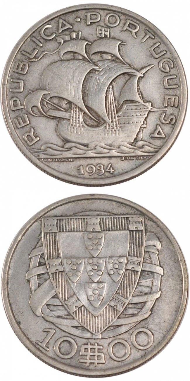 Portugal 10 Escudos 1934 Münze SS Silber KM 582 MA Shops