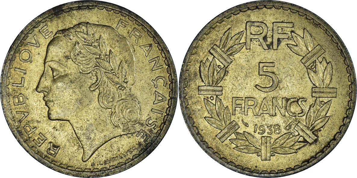 Frankreich 5 Francs 1938 Münze Lavrillier S Aluminum Bronze KM 888a