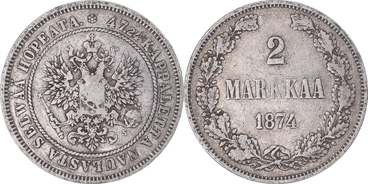 Finnland 2 Markkaa 1874 Helsinki Münze Alexander II Helsinki S