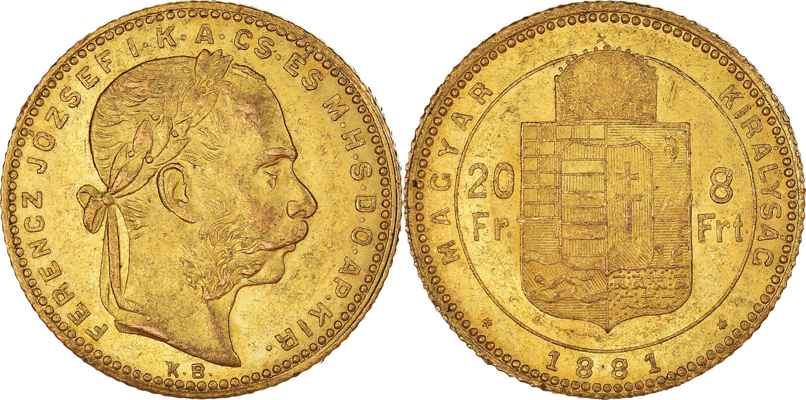 Ungarn 8 Forint 20 Francs 1881 KB Münze Franz Joseph I Kormoczbanya