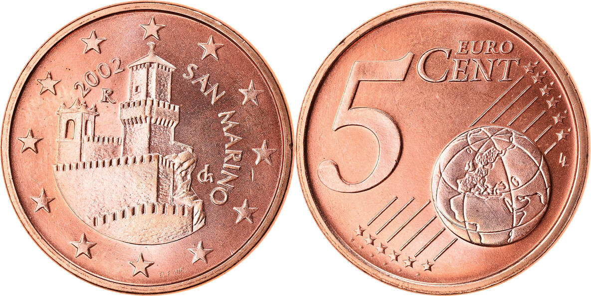 San Marino 5 Euro Cent 2002 R STGL Copper Plated Steel KM 442 MA Shops