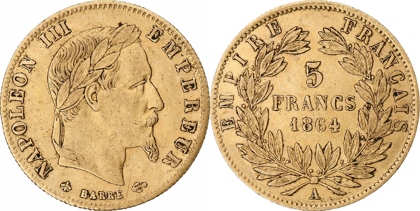 Frankreich 5 Francs 1864 A Münze Napoleon III Paris SS Gold KM 803