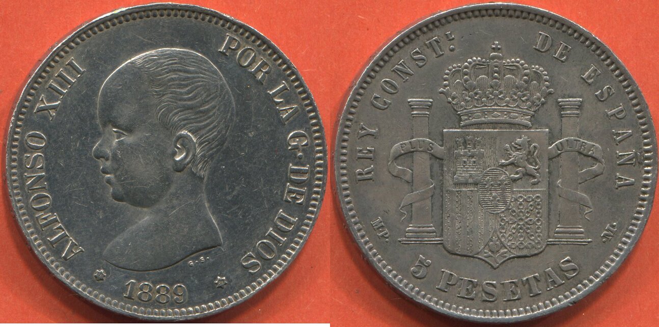 Ausländische Münzen ESPAGNE ALFONSO XIII 5 PESETAS 1889 ATELIER M