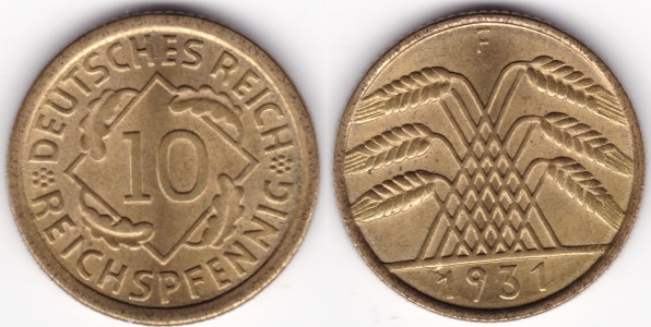 Deutschland Weimarer Republik 10 Reichspfennig 1931 F Kursmünze VZ