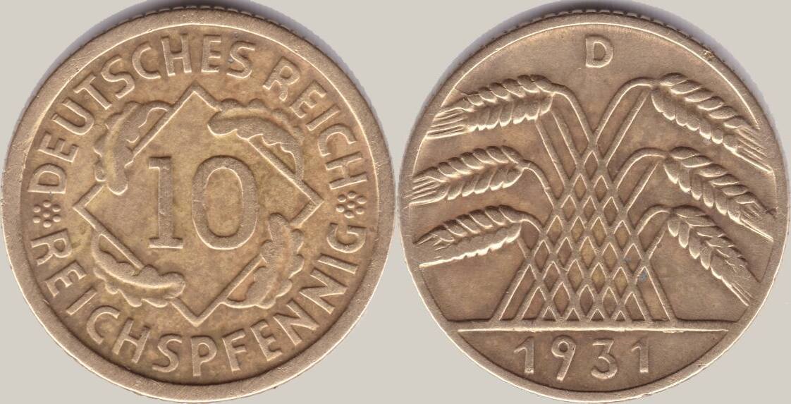 Deutschland Weimarer Republik 10 Reichspfennig 1931 D Kursmünze SS