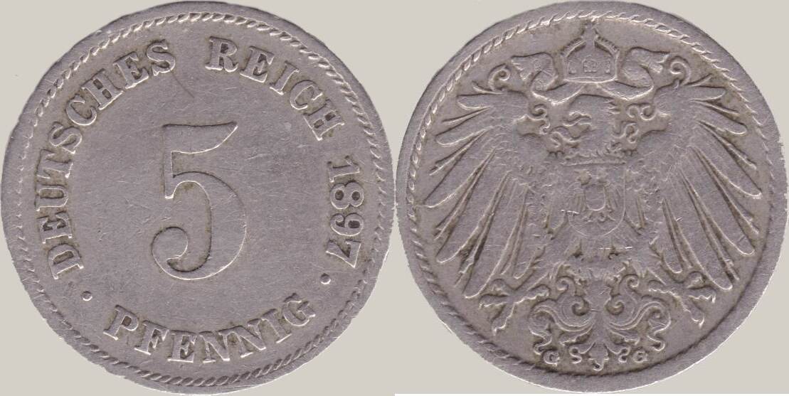 Deutschland Kaiserreich 5 Pfennig 1897 G Kursmünze ss MA Shops