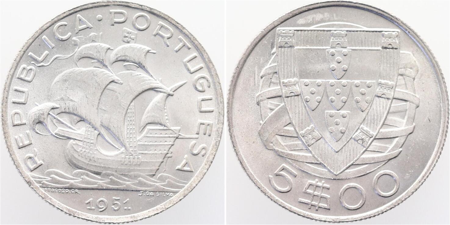 Portugal 5 Escudos Silber 1951 Segelschiff Vasco da Gamas prägefrisch