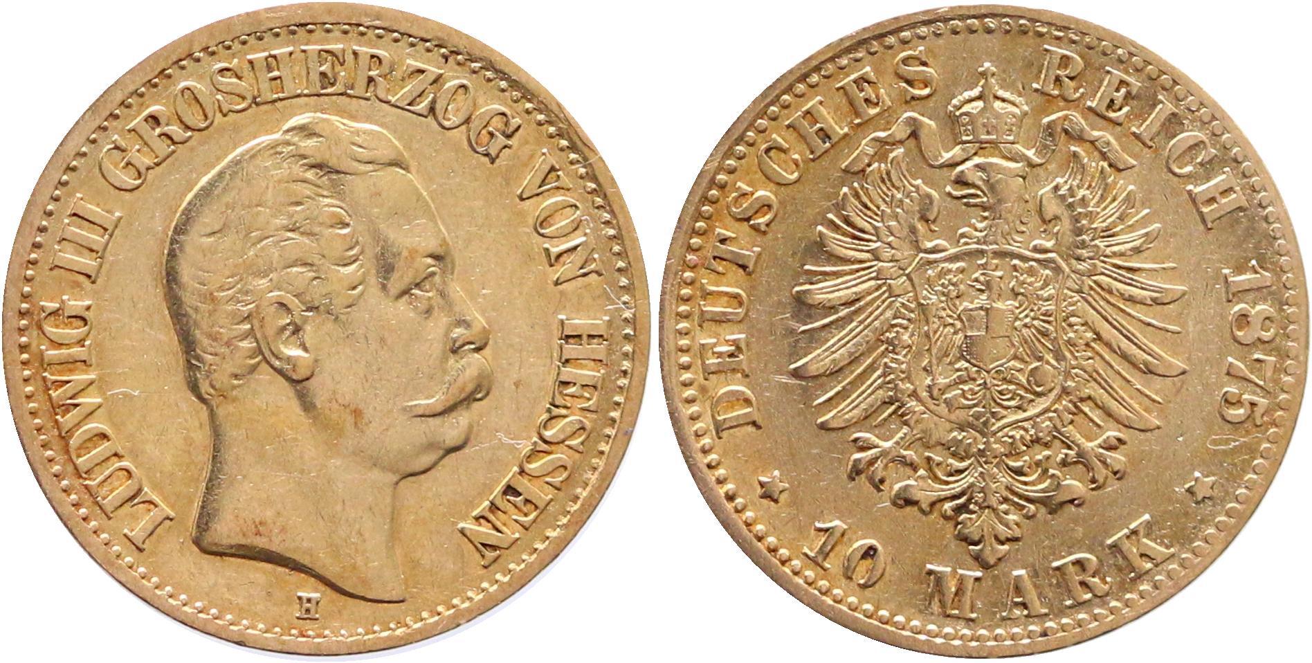 Hessen 10 Mark GOLD 1875 H Ludwig III 1848 1877 sehr schön wz RF