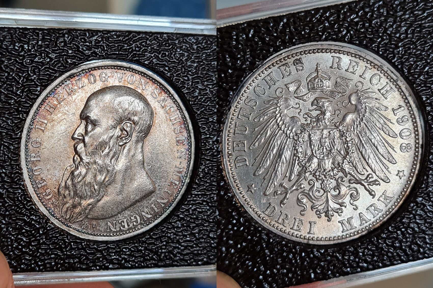 1908 3 Mark Sachsen Meiningen Jaeger 152 Vz St Kl Rf Feine Patina MA