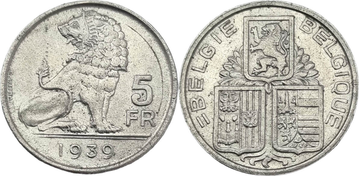 Belgien 5 Franc 1939 König Leopold III 1934 1947 ss MA Shops