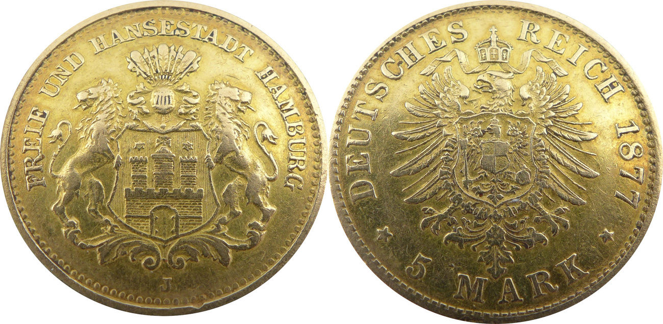 Deutschland Kaiserreich Hamburg 5 Mark 1877 J Fünf Mark Gold Freie und