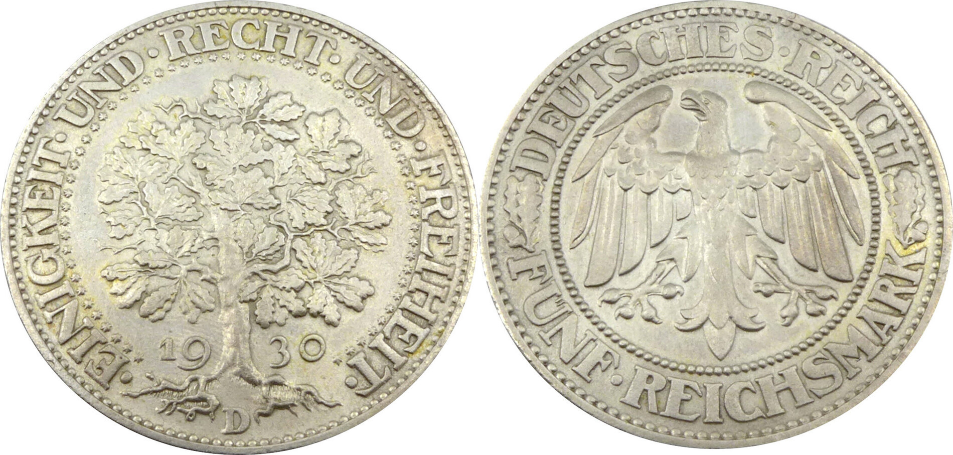 Deutschland Weimarer Republik 5 Reichsmark 1930 D Eichbaum 5 Mark