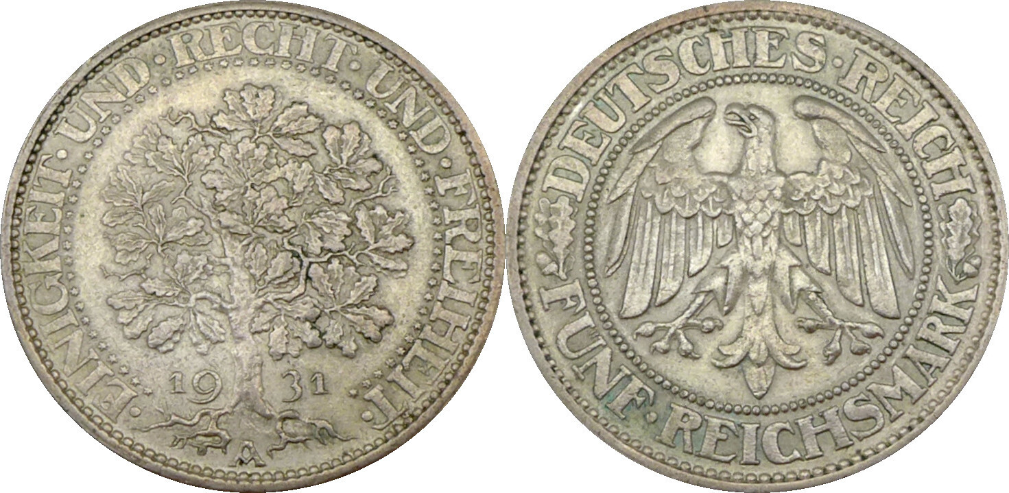 Deutschland Weimarer Republik 5 Reichsmark 1931 A Eichbaum Fünf