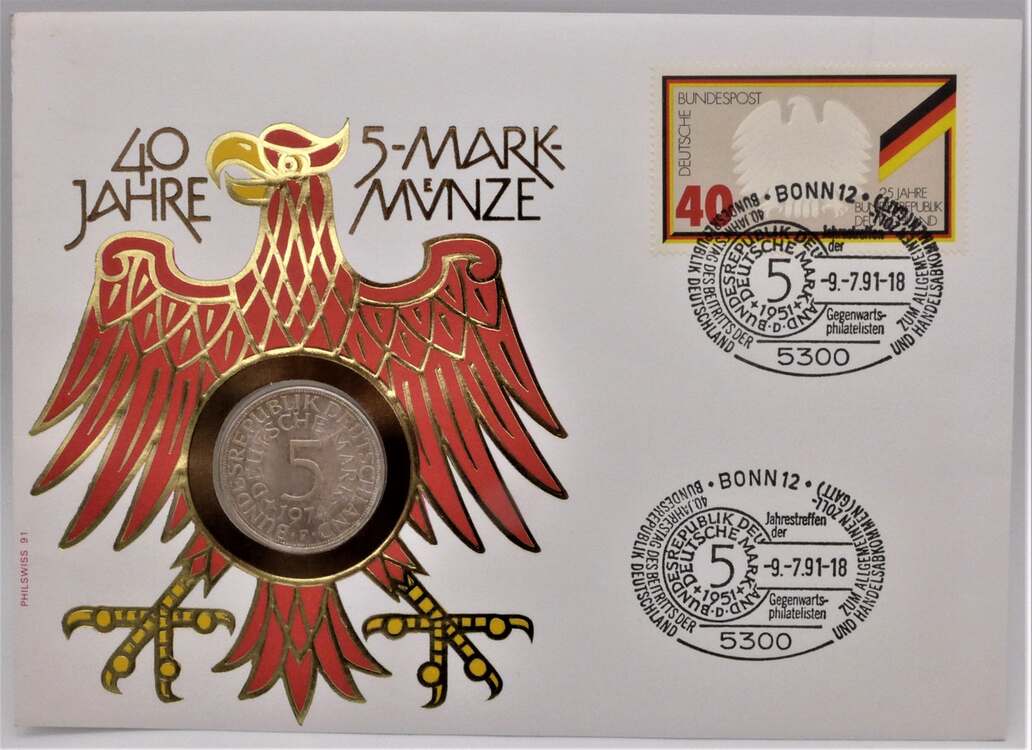 Bundesrepublik Deutschland BRD 5 Deutsche Mark 1974 F 40 Jahre 5 Mark