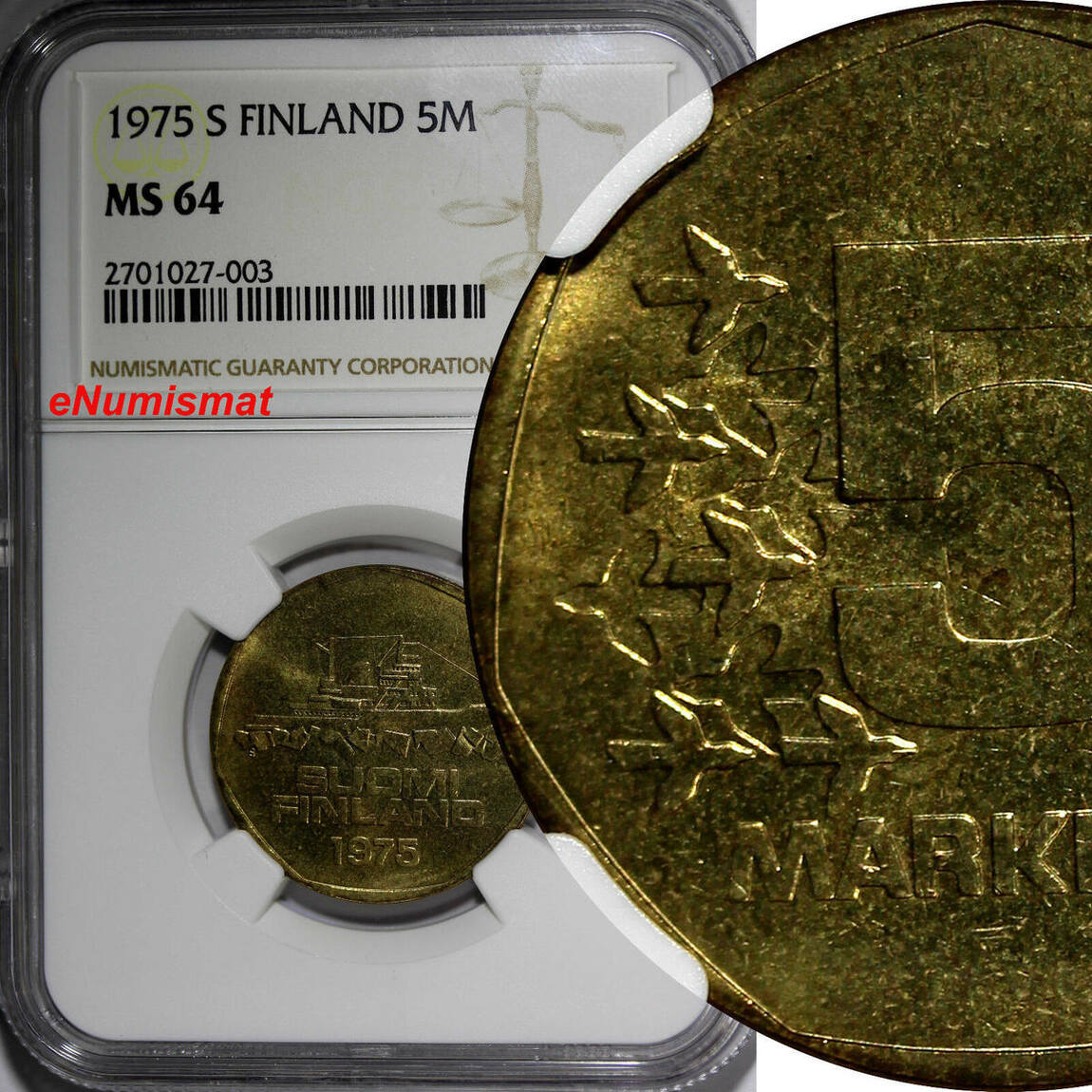 5 Markkaa Finland Aluminum Bronze 1975 S NGC MS64 Low Mintage 300 000