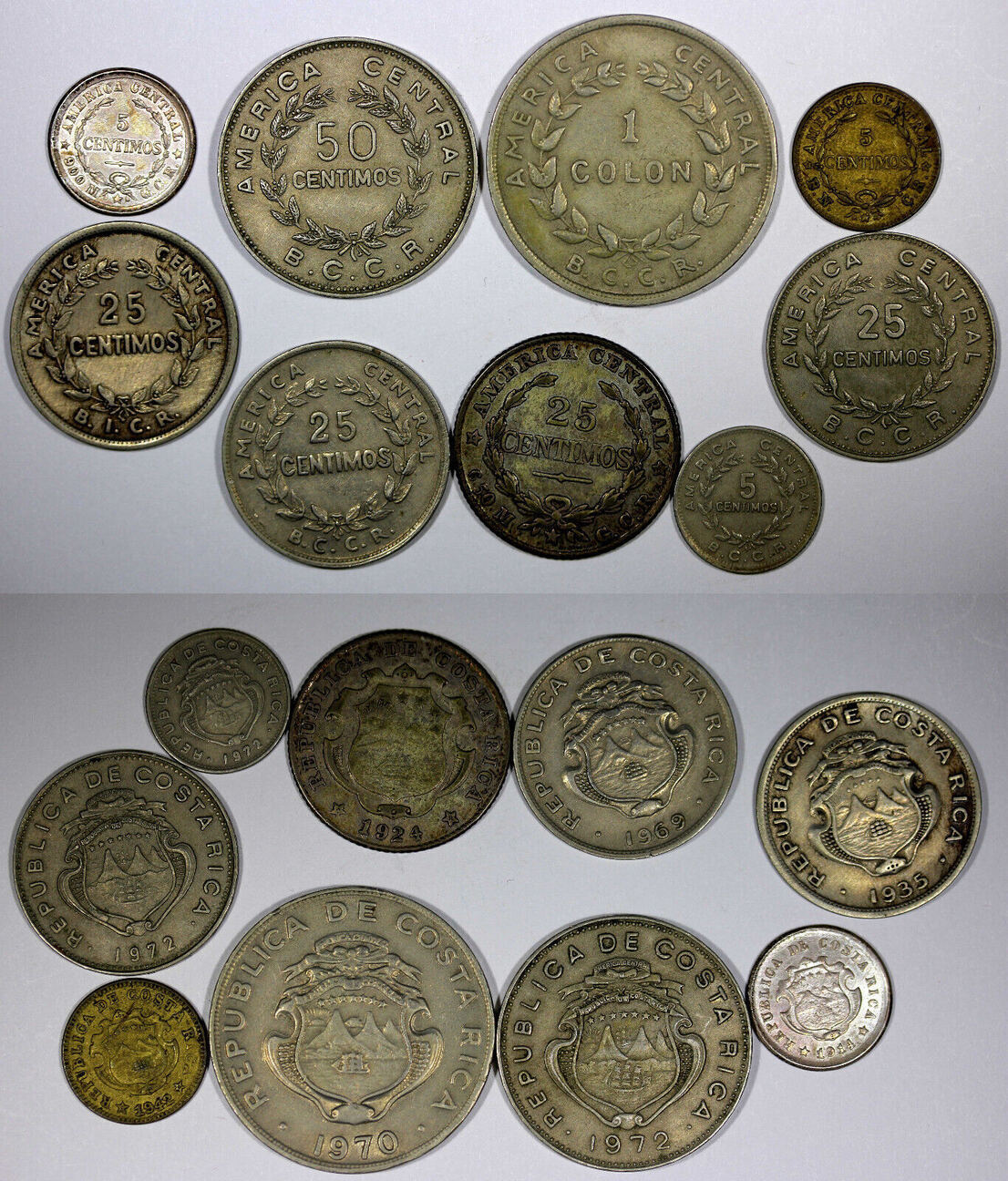 5 Centimos Costa Rica LOT OF 9 COINS 1914 1972 50 25 1 Colón 20 918