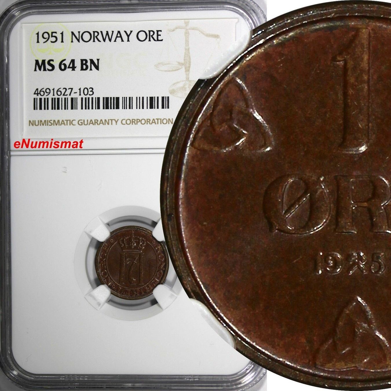 Bronze Norway Haakon Vii Ore Ngc Ms Bn Top Graded By Ngc Km