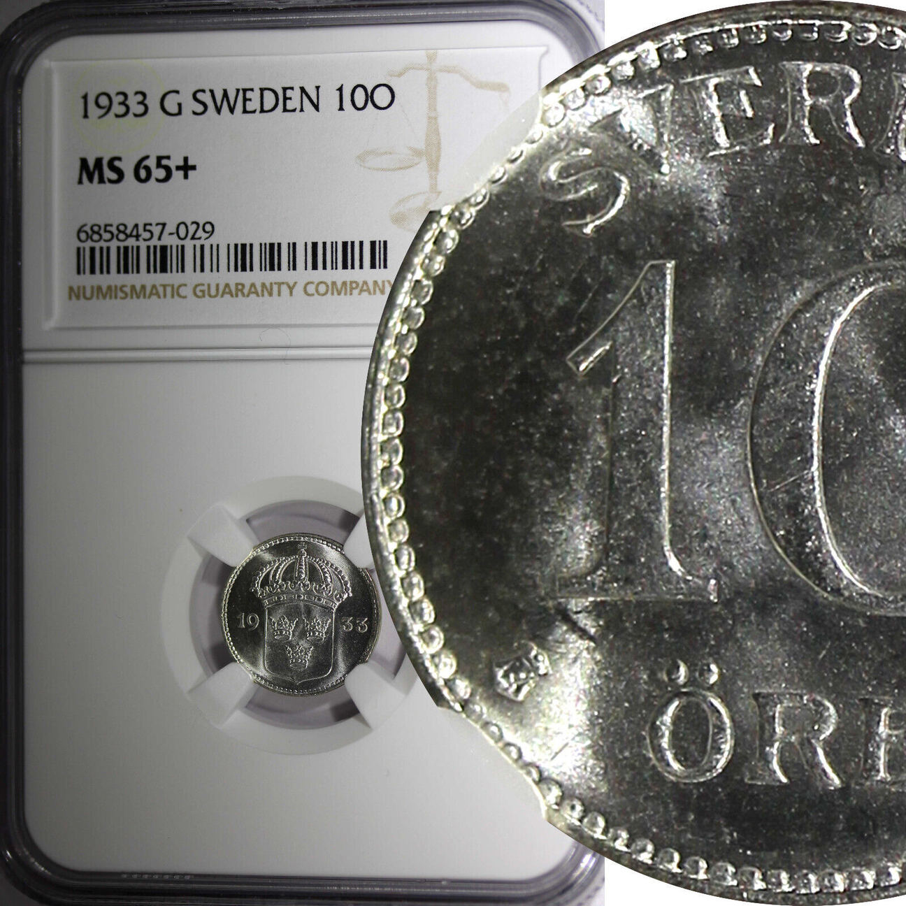 10 Öre SWEDEN Gustaf V Silver 1933 G SCARCE DATE NGC MS65 KM 780 29