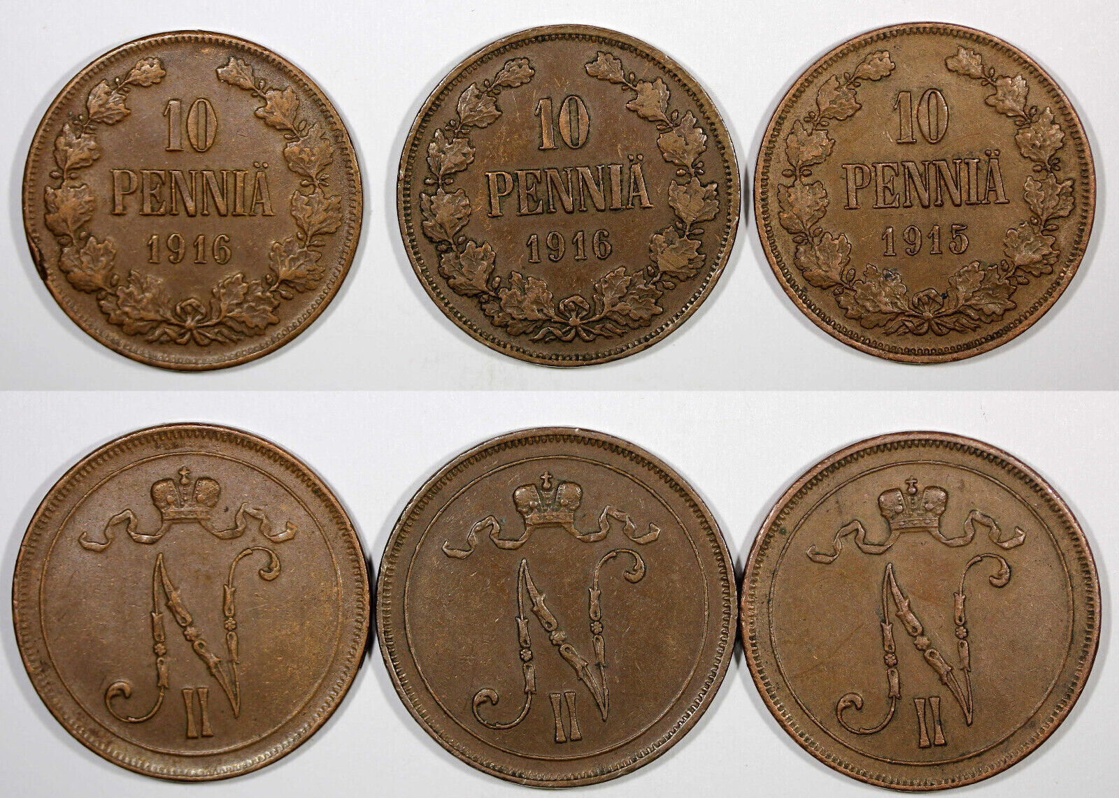 1915 1916 Finland Nicholas II Copper LOT OF 3 COINS 1915 1916 10 Penniä