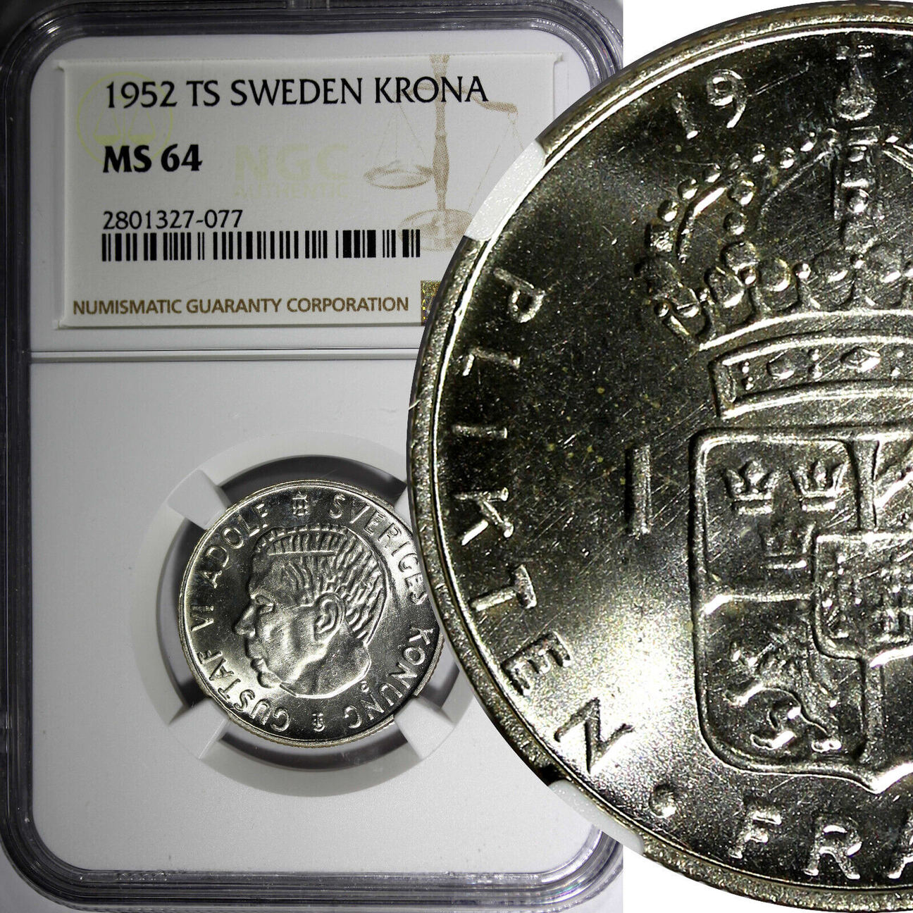 Sweden Gustaf VI Silver 1952 TS Krona NGC MS64 BETTER DATE KM 826 077