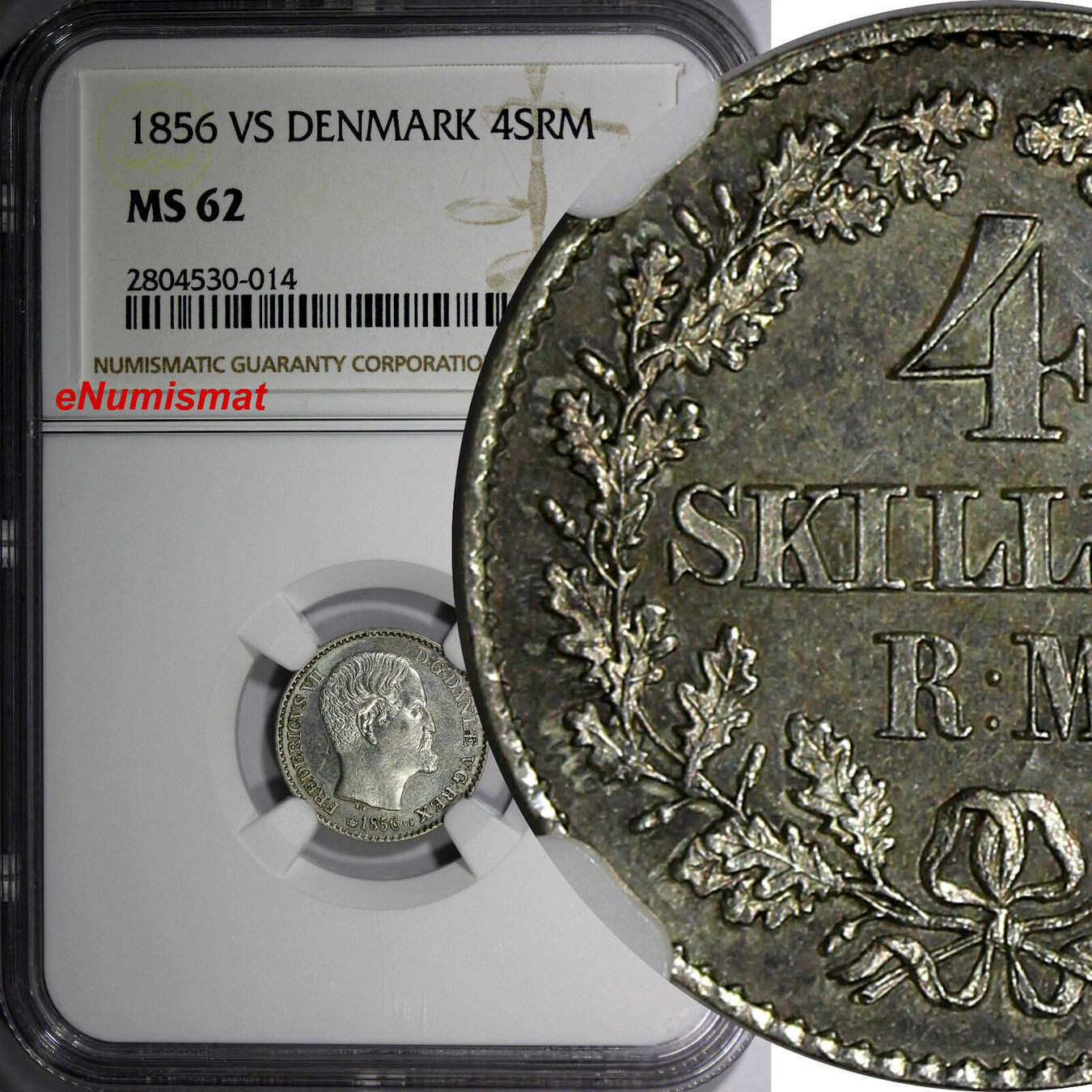 4 Skilling Rigsmont Denmark Frederik VII Silver 1856 VS NGC MS62 KM