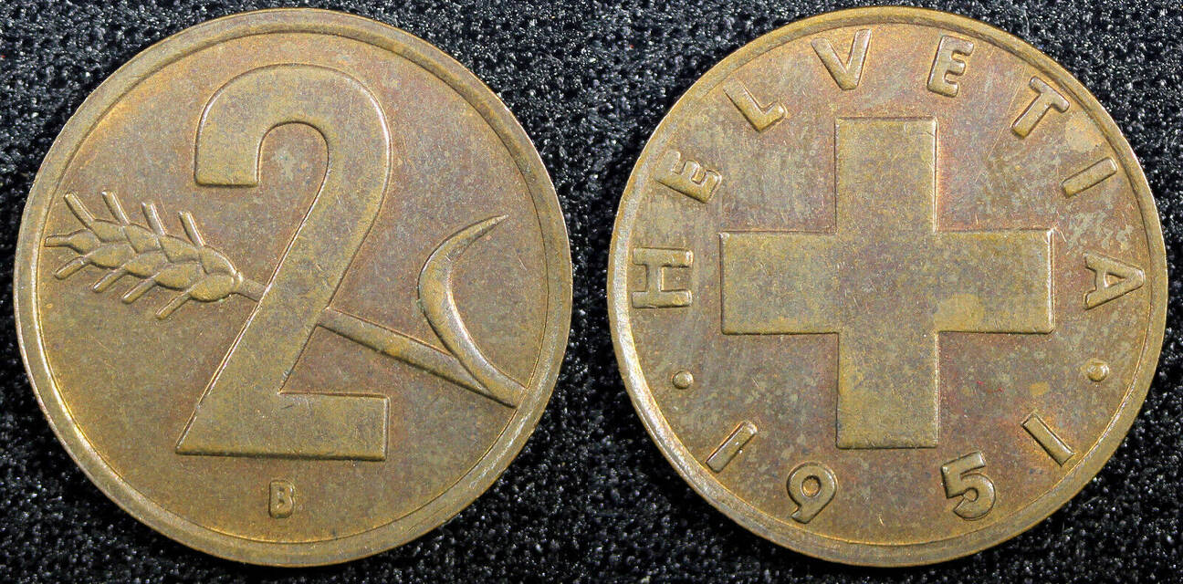 2 Rappen SWITZERLAND Bronze 1951 B KM 47 23 398 Uncertified MA Shops