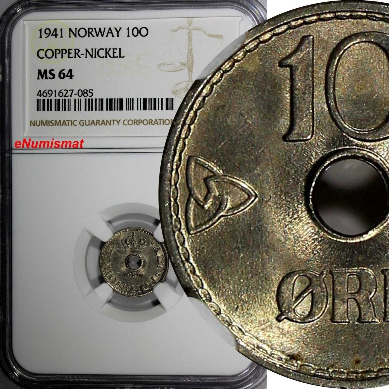 Norway Haakon Vii Copper Nickel Ore Ngc Ms Wwii Issue Km