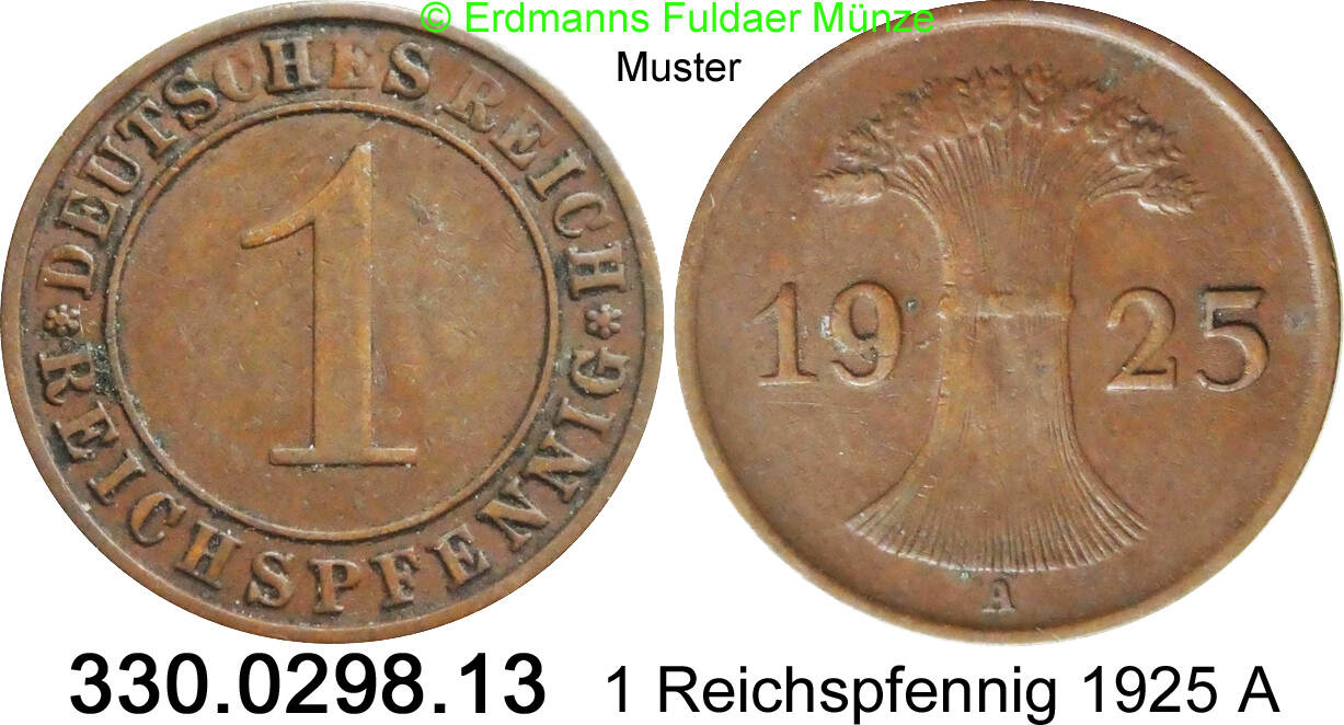 Weimarer Republik 1 Reichspfennig 1925 A J 313 Ähren 330 0298 13 ss