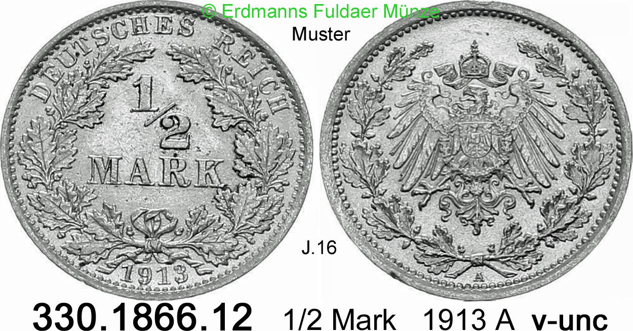 Deutschland Kaiserreich 1 2 Mark 1913A 1913 A J 16 330 1866 12 V