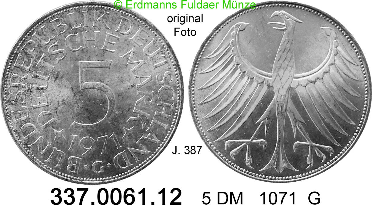 Germany BRD 5 DM 1971G Kursmünze J 387 337 0061 12 vz unc MA Shops