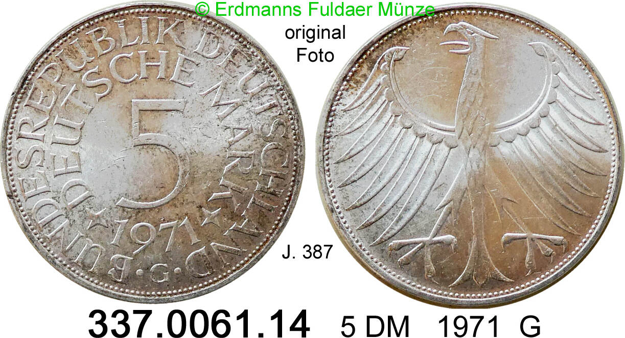 Germany BRD 5 DM 1971G Kursmünze J 387 337 0061 14 vz unc MA Shops