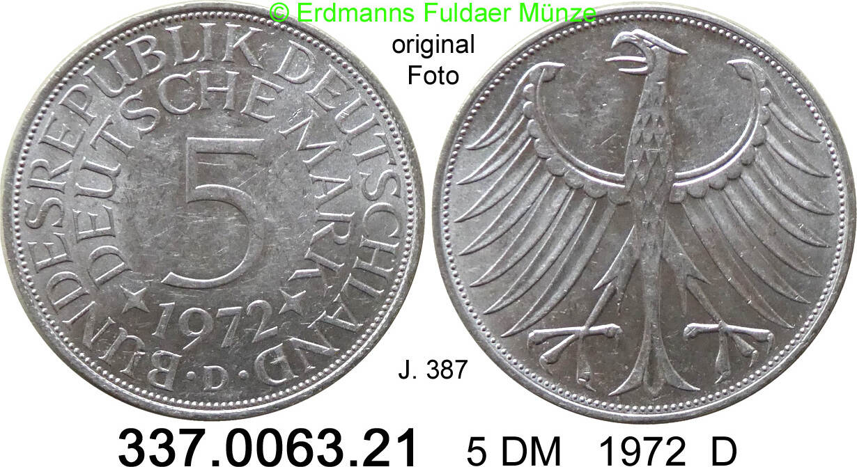 Germany BRD 5 DM 1972D Kursmünze Silber J 387 337 0063 21 unc MA Shops