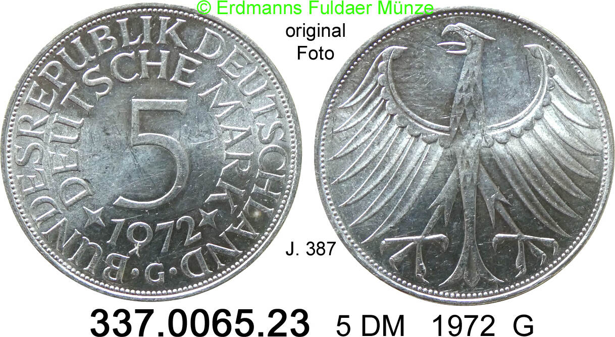 Germany BRD 5 DM 1972G Kursmünze Silber J 387 337 0065 23 unc MA Shops